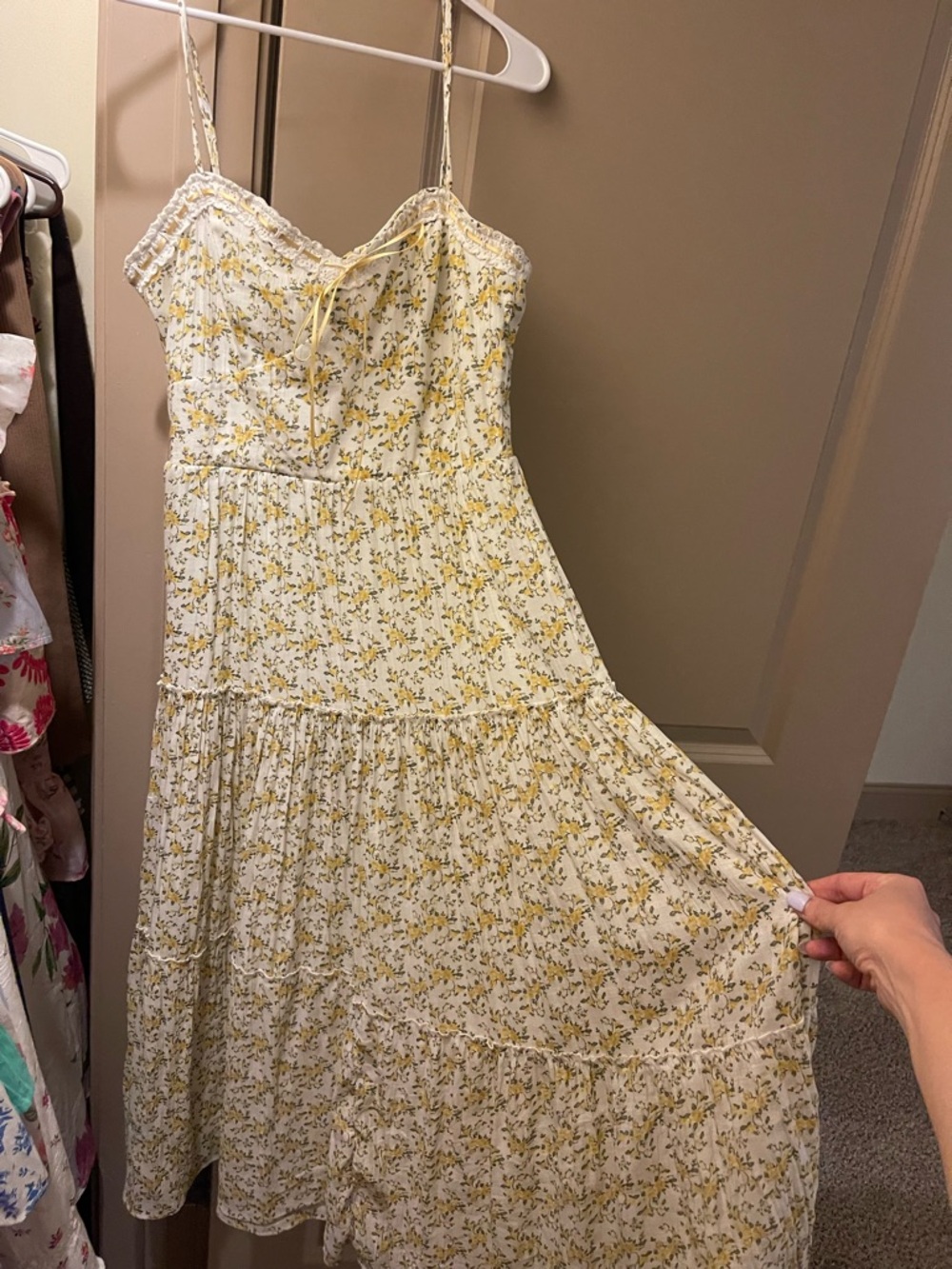 White & Yellow Floral Midi Dress with Lace Sweetheart Neckline
